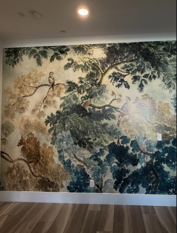 Scenic landscape mural in a living space